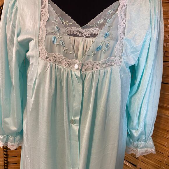 Vintage 1960s Texsheen Aqua Blue Nylon Peignoir Set Nightgown Robe M/L Fairycore - Picture 9 of 12